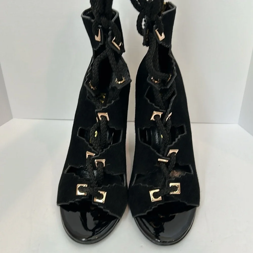 KAT MACONIE Betsy Suede Black Sandals Gold Heels Lace Up women’s size 5.5